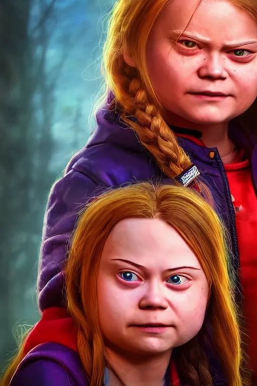 Image similar to greta thunberg as chucky, vivid colors, high details, cinematic, 8k resolution, beautiful detailed, photorealistic, digital painting, artstation, concept art, smooth, sharp focus, illustration, fantasy background, artstation trending, octane render, unreal engine