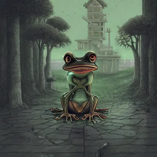 Image similar to A portrait of a scary godlike anthropomorphic frog smoking a cigarette , mansion made of mushrooms in background . award winning. superb resolution. in the art style of junji Ito and greg rutkowski . Detailed Mushroom city in background. Hyper realistic anime. Perfect art. Dalle2