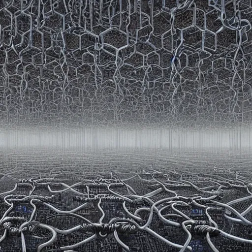 Prompt: A beautiful hyper realistic detailed painting of a chain of blocks, a cybernetic hybrid of 2 gigantic tall skyscaper sized quantum computers and a block espresso machine on a vast black granite tarmac, connected by gold and silver cables and chains, by Beksinski, beeple, unreal engine, computer hardware commercial photography