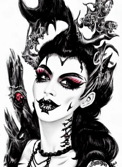 Prompt: portrait of a goth girl burlesque psychobilly punk, detailed face, white background, drawing, 4 k, illustration by frank frazetta