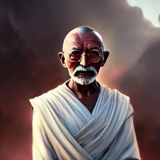 Image similar to a photorealistic portrait of ghandi as a jedi in star wars cinematic lighting, photorealistic, octane render, 8 k, depth of field, 3 d, art by artgerm and greg rutkowski and alphonse mucha and uang guangjian and gil elvgren and sachin ten