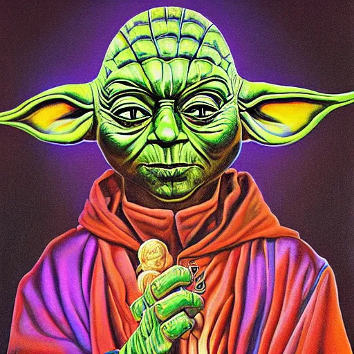 Image similar to yoda by alex grey and salvador dali, award winning profile illustration in high detail, surrealism