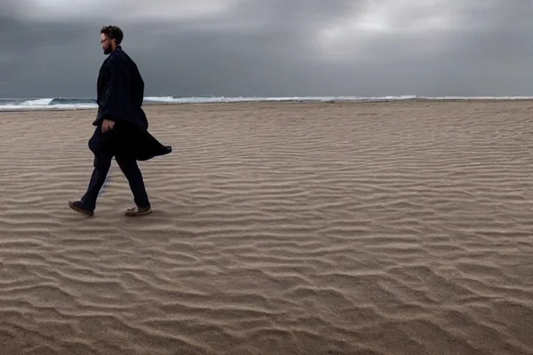 Image similar to a cinematic wide angle shot of a man in his early twenties walking on the sand towards the camera with his head down, sea behind him, in the 2 0 2 1 movie dune, the sand is in the form of a wave, stormy weather, dry, film still, cinematic, dramatic lighting, blue color theme, by zack snyder