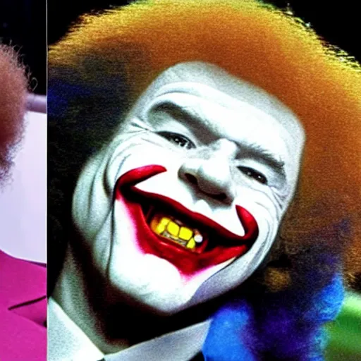 Image similar to bob Ross as the joker smiling while winking as he is getting done from Harley Quinn