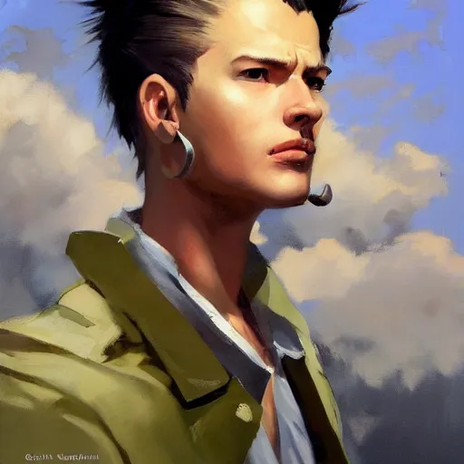 Image similar to greg manchess portrait of customer service cloud strife, medium shot, asymmetrical, profile picture, organic painting, sunny day, matte painting, bold shapes, hard edges, street art, trending on artstation, by huang guangjian and gil elvgren and sachin teng