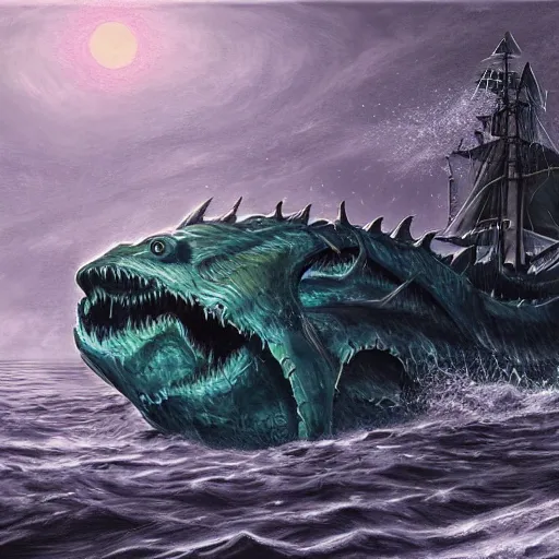 Sea Monster Shape Like A Ship In The Deep Dark Sea, 