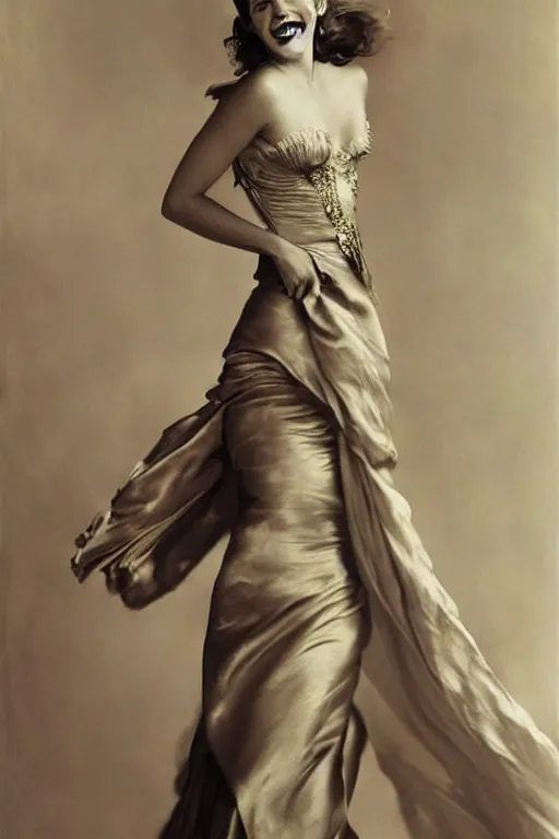 Image similar to emma watson smiling silk gown photo gaston bussiere craig mullins j. c. leyendecker photograph richard avedon peter lindbergh