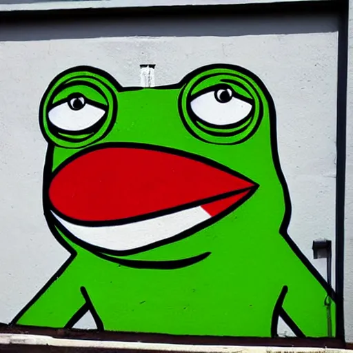 Prompt: pepe the frog street art by Banksy