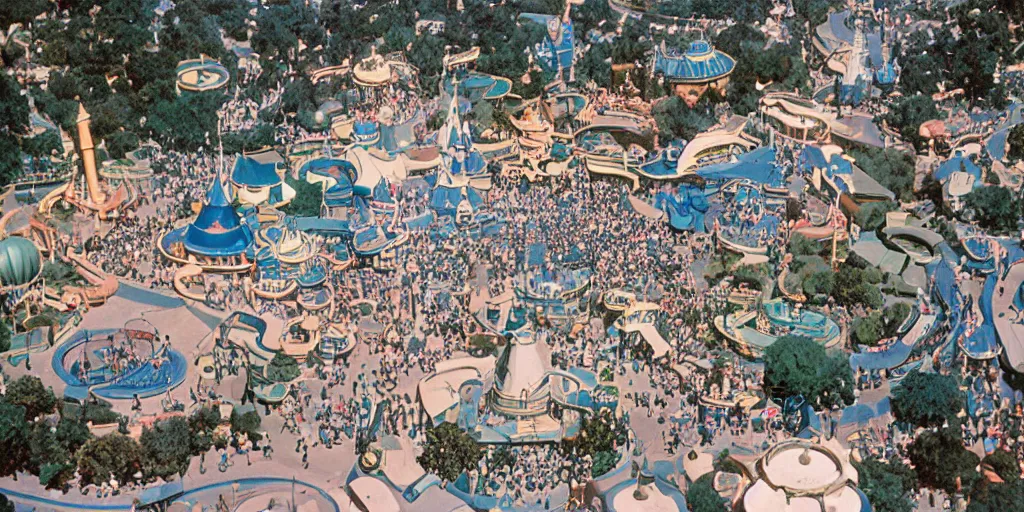 Image similar to 35mm photo of Disneyland, high angle view, 1965, colorized