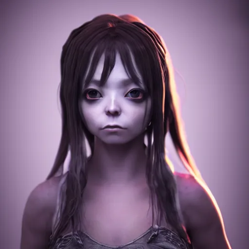 Prompt: photorealistic full shot portrait of angry darkness anime girl, inspired by tim burton, detailed, unreal engine 4 k, volumetric light, fog