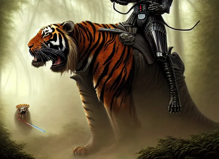 Image similar to romantic portrait shot of darth vader riding a tiger through the jungle intricate, elegant, highly detailed, centered, digital painting, artstation, concept art, smooth, sharp focus, illustration, artgerm, tomasz alen kopera, peter mohrbacher, donato giancola, joseph christian leyendecker, wlop, boris vallejo