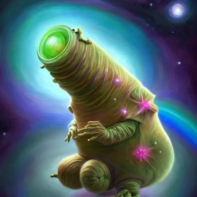 Prompt: a highly detailed tardigrade, it has rainbow hair and a beautiful unconventional face, floating through deep space, elegant, hyperrealistic, digital painting, artstation, realism, concept art, pop, smooth, mythological, sharp focus, qualia, illustration, art by mark ryden 3 d 8 k ultra detailed