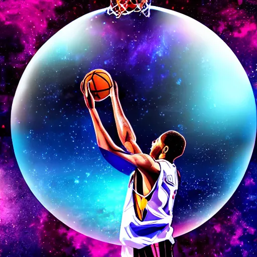 Image similar to A basketball player performing a slam dunk in the galaxy, digital art