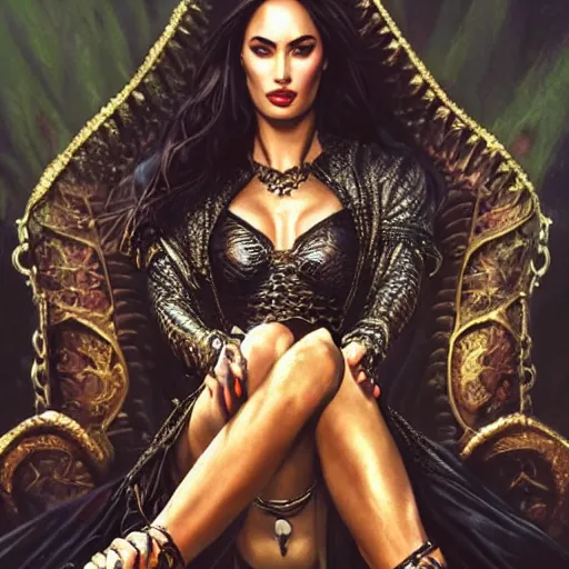 Image similar to a queen is sitting on her throne dressed in chains, looks like megan fox, beautiful highly detailed face, complementary lighting, backlit, black eyeshadow, grinning, adventure, dramatic lighting, landscape background, beautiful painting by artgerm and greg rutkowski and raymond swanland