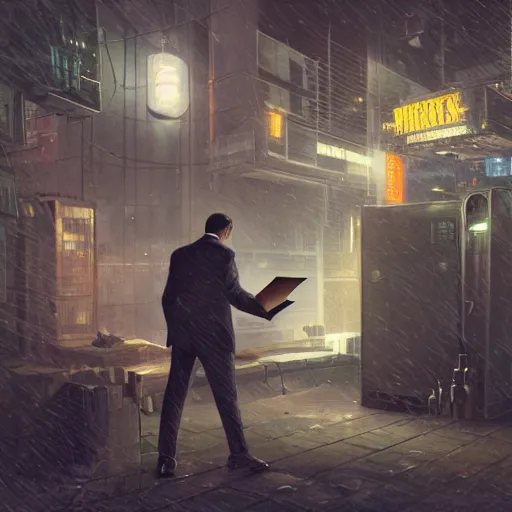 Image similar to businessman handing the viewer an envelope, detailed digital illustration by greg rutkowski, cyberpunk back alley, nighttime