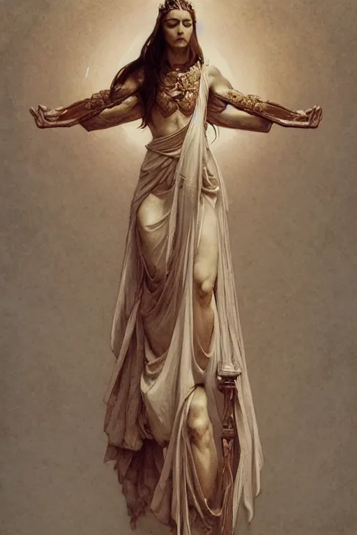 Prompt: a full body portrait of a beautiful ethereal delicate ancient greek mage queen meditative sacral pose catholic stages of the cross, intricate, elegant, highly detailed, digital painting, artstation, concept art, smooth, sharp focus, illustration, art by krenz cushart and artem demura and alphonse mucha