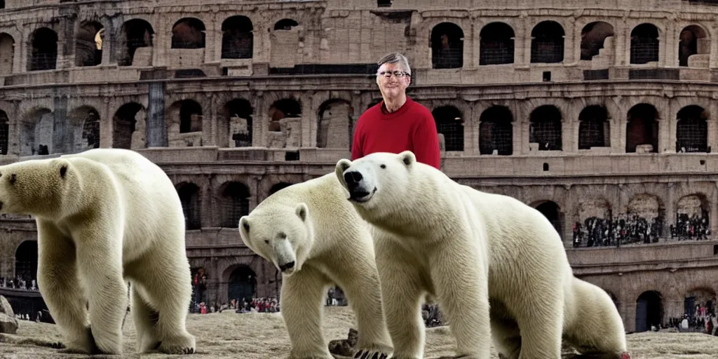 Image similar to Bill Gates is a face-uncovered gladiator and fights against a polar bear in the Colosseum. Film scene. Dramatic.