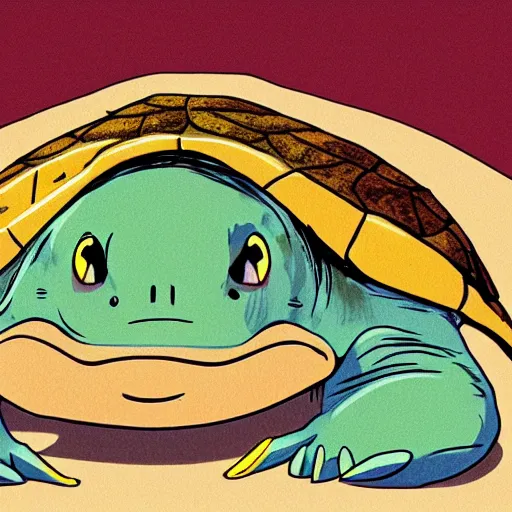 Prompt: portrait of an excited turtle, hayao miyazaki, cartoon, anime, sharp, focus, illustration