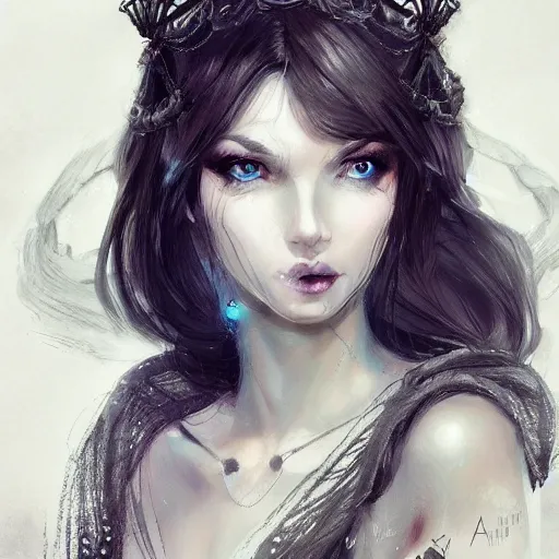 Image similar to beautiful girl, whimsical portrait, ice magic, long face, sharp features, dark hair, dark robe, intricate, elegant, highly detailed, cgsociety, trending on artstation, dnd, castle background, warm light, concept art, illustration