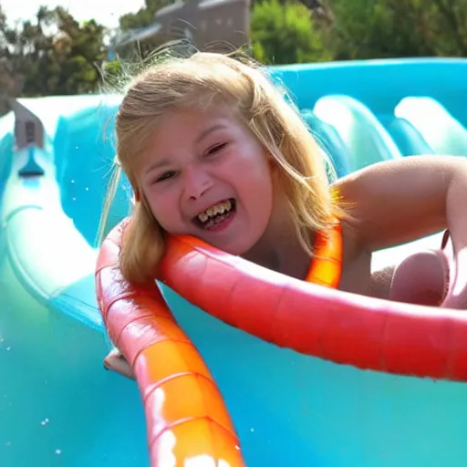 Prompt: a girl finds a snake on a water slide