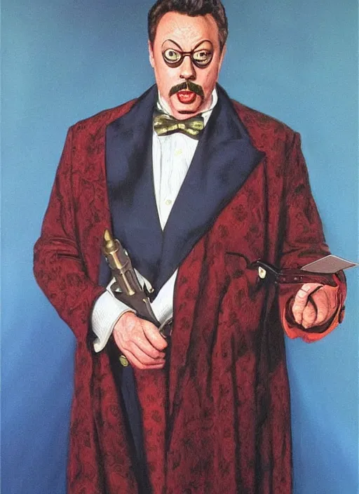 Image similar to portrait of tim curry as wadsworth in clue ( 1 9 8 5 ), highly detailed, centered, solid color background, digital painting, artstation, concept art, smooth, sharp focus, illustration, donato giancola joseph christian leyendecker, les edwards, ed repka, basil gogos, wlop, artgerm