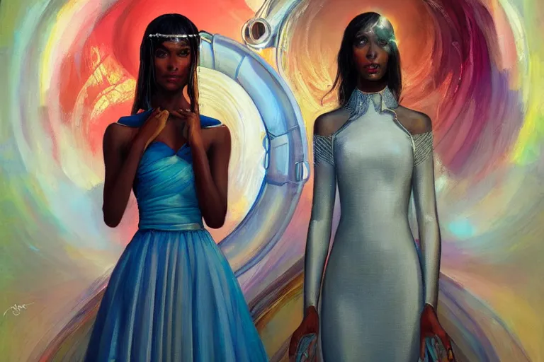 Image similar to wedding day 🫀👩🏾, futuristic wedding dress, neon god of city character portrait, in the style of margaret keane, moebius, tom bagshaw, and waterhouse, cinematic lighting, beautiful, elegant, oil painting,