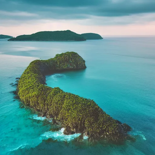 Prompt: landscape photograph of a forested island surrounded by ocean.