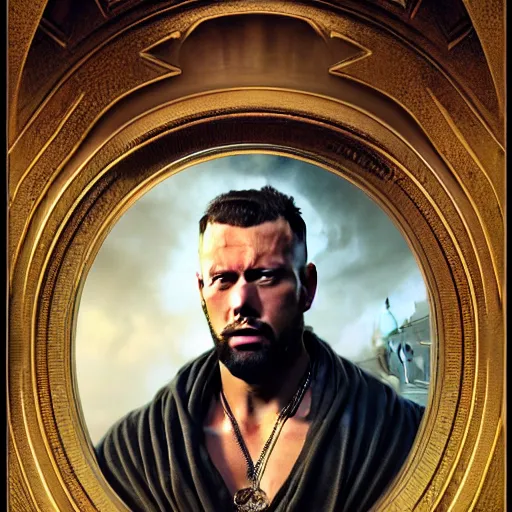 Image similar to portrait painting of a kollegah the rapper michael sheen, ultra realistic, concept art, intricate details, eerie, highly detailed, photorealistic, octane render, 8 k, unreal engine. art by artgerm and greg rutkowski and charlie bowater and magali villeneuve and alphonse mucha
