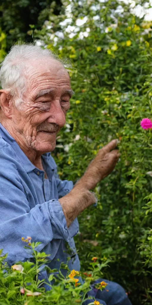 Prompt: Funny photo of a grandfather in the garden squinting at the camera because of the sun, low quality