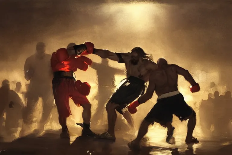 Prompt: jesus christ boxing with vladimir putin, fist fight, detailed faces, in battle by anders zorn, wonderful masterpiece by greg rutkowski, beautiful cinematic light, by greg manchess, jessica rossier