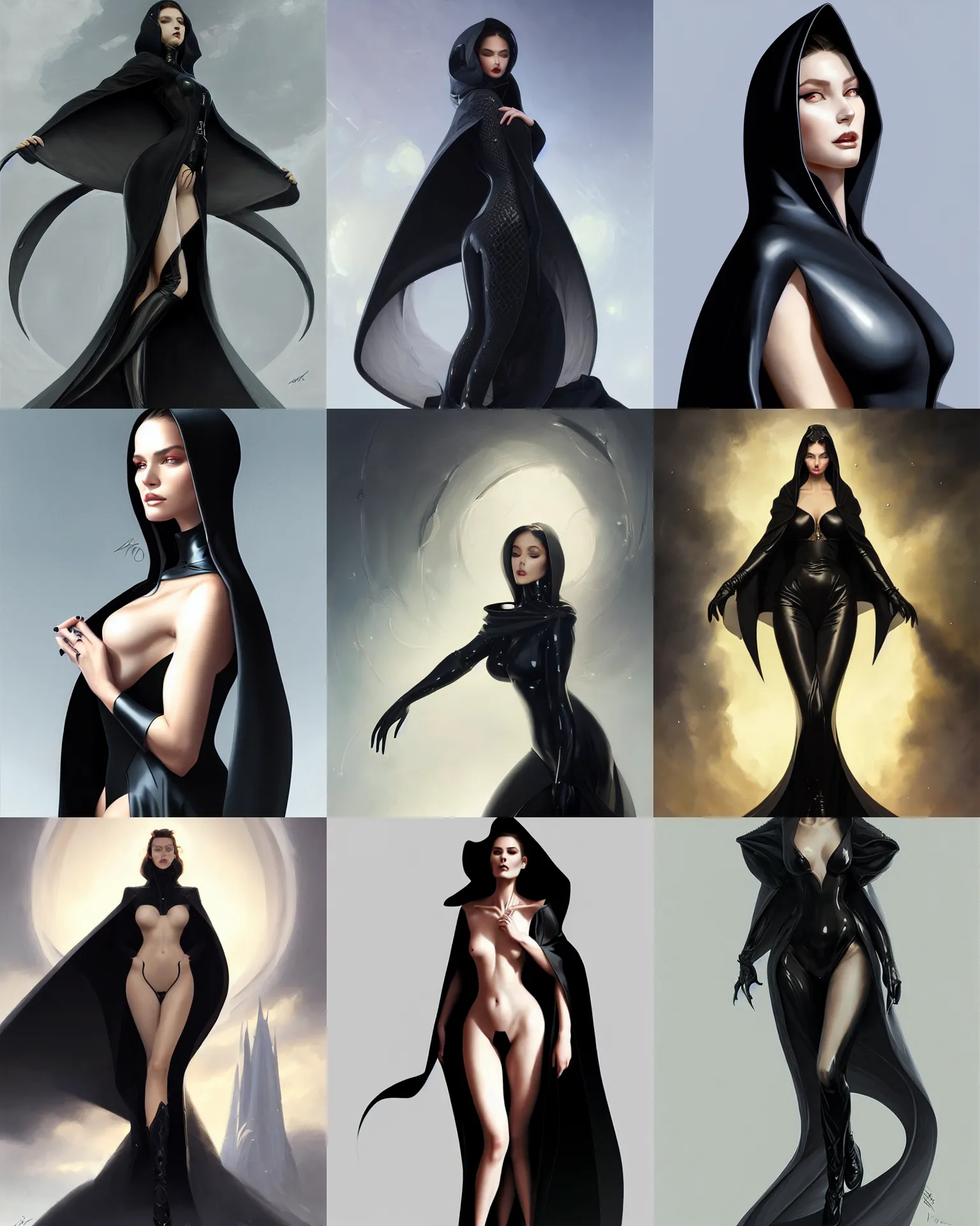 Prompt: detailed portrait of beautiful lady in black coat, seductive confident pose, attractive feminine curves, intricate, futuristic, elegant cape, elegant, photorealism, trending on artstation, holy halo, advanced technology, art by moebius and vitaly bulgarov and peter mohrbacher