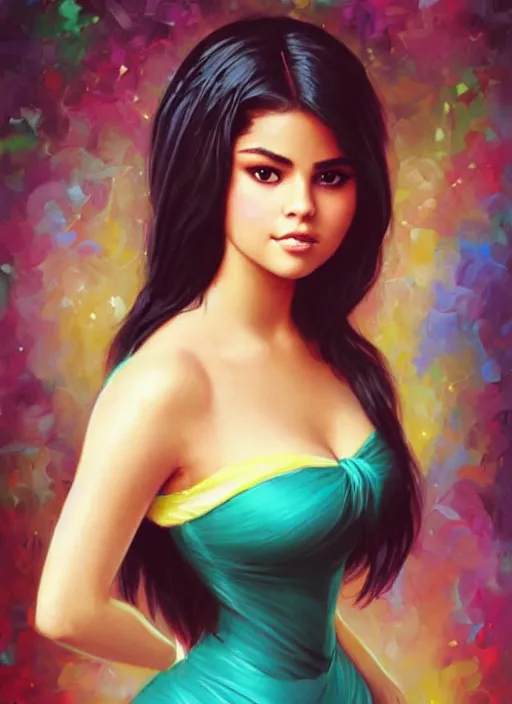 Prompt: beautiful thirty year old woman with long black hair, tan skin, curvy hourglass figure, round cute face, slightly resembles selena gomez wearing a colorful high neckline disney princess gown at her birthday party. beautiful painting by artgerm and greg rutkowski and bouguereau