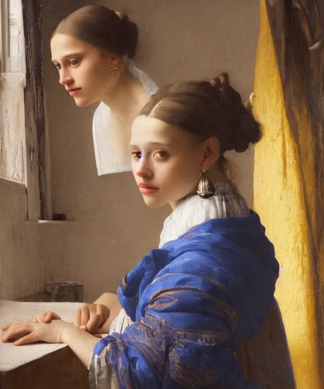 Image similar to a highly detailed, beautifully lit close portrait of a pretty, young alicia vikander resting her head on a table by an open window, oil painting portrait by vermeer and bouguereau and waterhouse