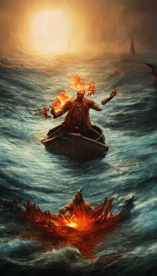 Image similar to man on boat crossing a body of water in hell with creatures in the water, sea of souls, from magic the gathering