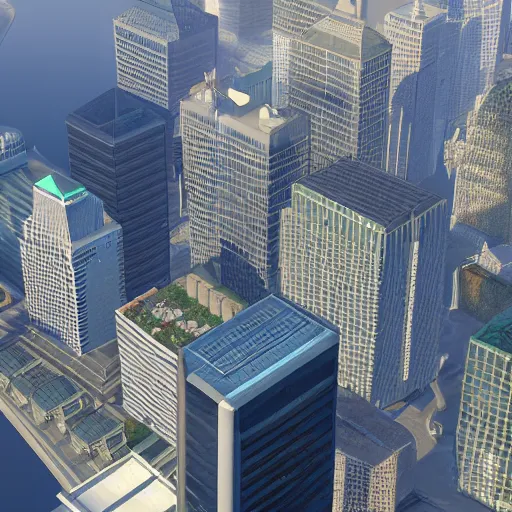 Prompt: canary wharf, screenshot from simcity pc game, isometric view, ue 4, raytracing, volumetric fog resolution, ambient occlusion, anisotropy, shadow resolution, texture quality high, chromatic abberation, 8 k