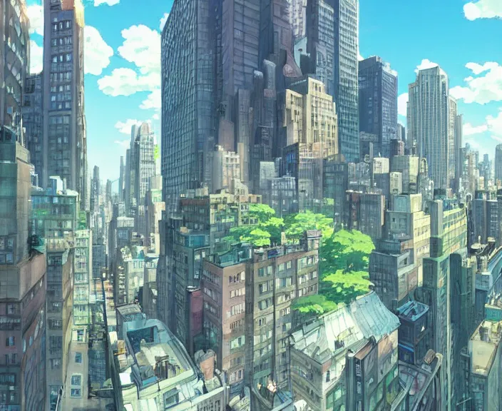 Image similar to New York city, peaceful and serene, incredible perspective, soft lighting, anime scenery by Makoto Shinkai and studio ghibli, very detailed