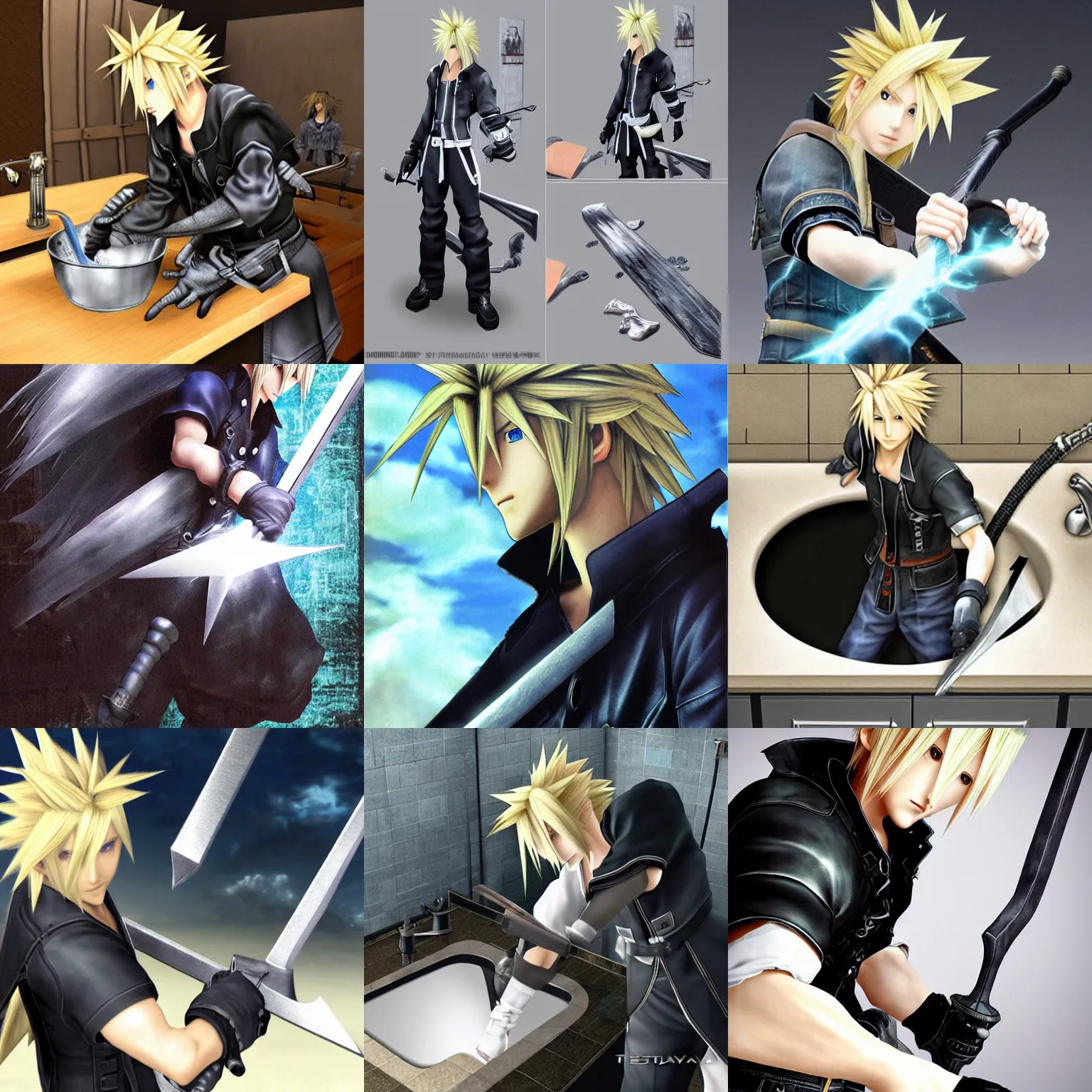 Prompt: cloud strife fixing sink by tetsuya nomura