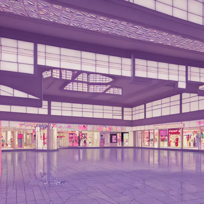 Prompt: vaporwave 7 0 s dreamy empty empty shopping mall, japanese style, highly detailed, 3 d render, vray, octane, realistic lighting, photorealistic