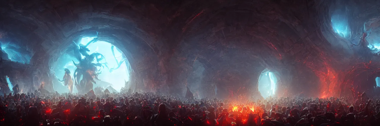 Prompt: a crowd of worshipers praying to a portal to hell, by Antoine Collignon, luminous lighting, cinematic, panoramic, aspect ratio 1:3