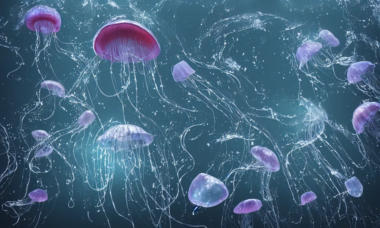 Image similar to Jellyfish swims in the dark sea, trending on artstation, octane render, 8K