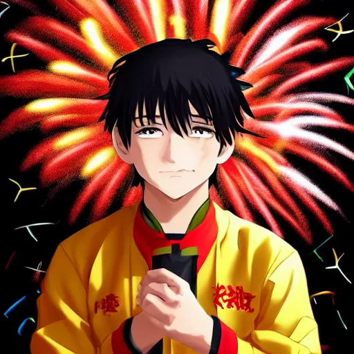 Prompt: portrait of a boy with fireworks in his foot, anime fantasy illustration by tomoyuki yamasaki, kyoto studio, madhouse, ufotable, trending on artstation