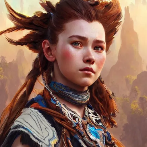 Image similar to ultra realistic illustration of aloy from horizon zero dawn, intricate, elegant, highly detailed, digital painting, artstation, concept art, smooth, sharp focus, illustration, art by artgerm and greg rutkowski and alphonse mucha