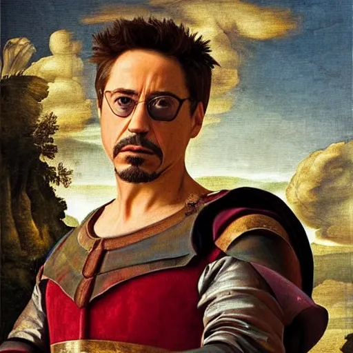 Image similar to robert downey jr, renaissance painting, highly detailed, colorful