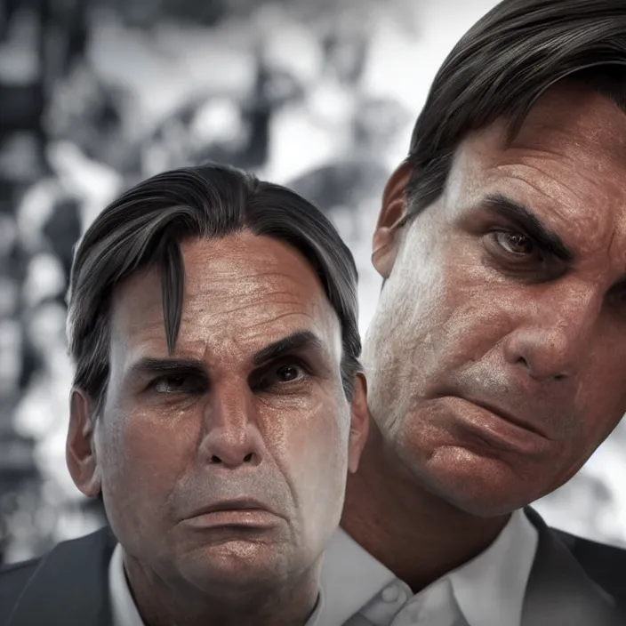 Prompt: photo of Jair Bolsonaro crying looking to workers party , hyper realism, high detail, octane render, 8k, chrome accents