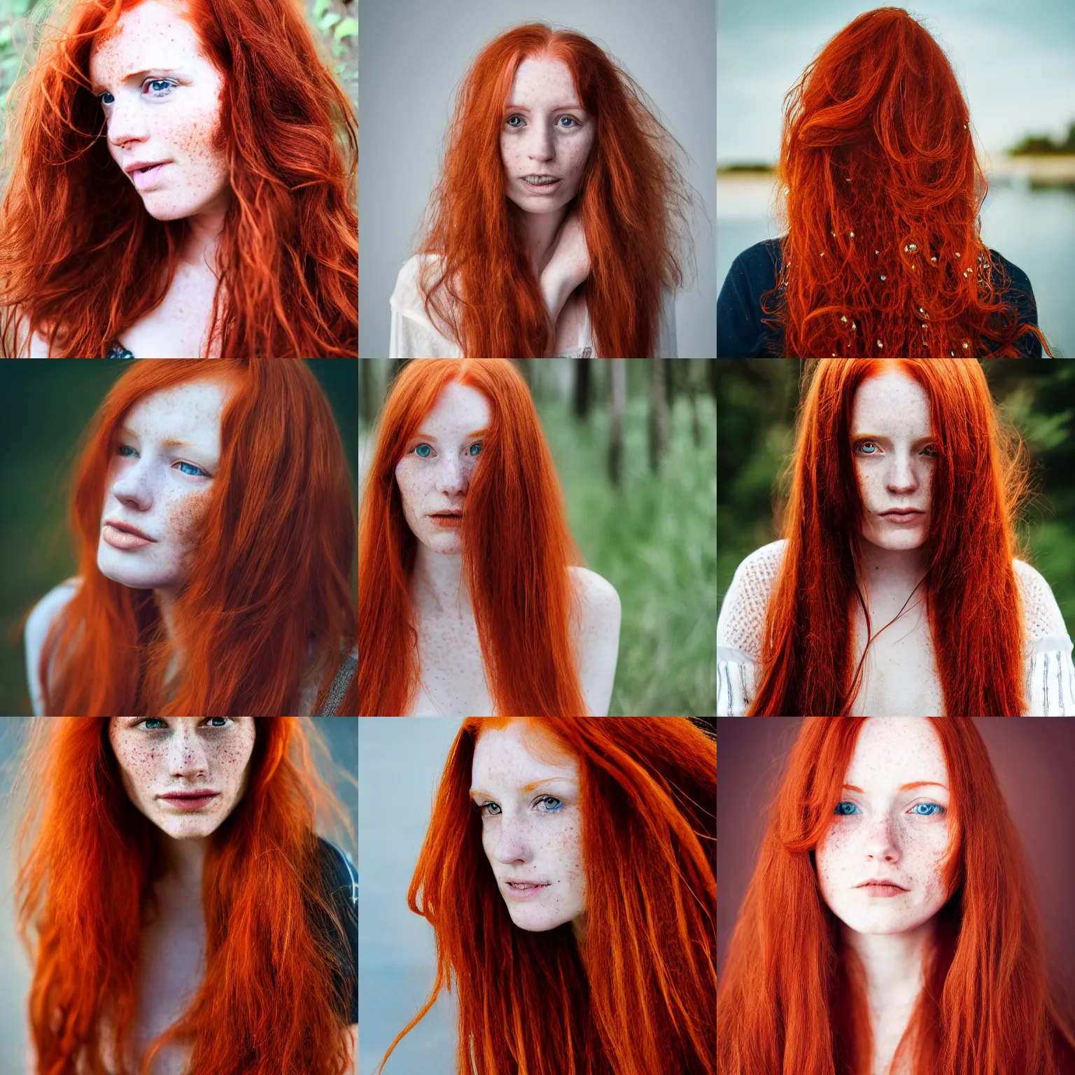 Prompt: Detailed photography of a redhead woman with long hair and freckles