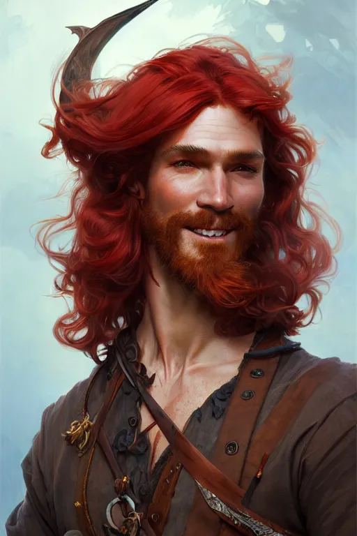 Image similar to portrait of a young ruggedly handsome but joyful pirate, male, masculine, full body, red hair, waist long hair, fantasy, intricate, elegant, highly detailed, digital painting, artstation, concept art, matte, sharp focus, illustration, art by artgerm and greg rutkowski and alphonse mucha