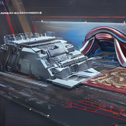 Image similar to sci-fi motherboard structure on the coronation of napoleon painting and digital billboard in the middle, unreal engine 5, keyshot, octane, artstation trending, ultra high detail, ultra realistic, cinematic, 8k, 16k, in style of zaha hadid, in style of nanospace Michael Menzelincev, in style of Lee SOUDER, colors in style of the Blade Runner 2049, in plastic, dark, tilt shift,