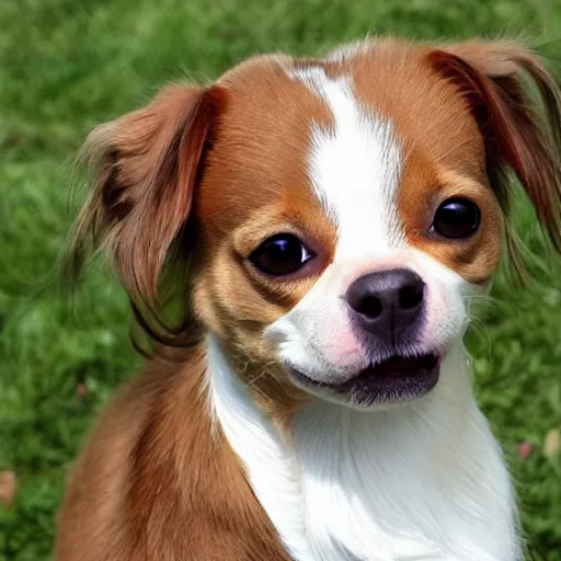 Image similar to fully grown tan pit bull, long - haired chihuahua, pomeranian mix