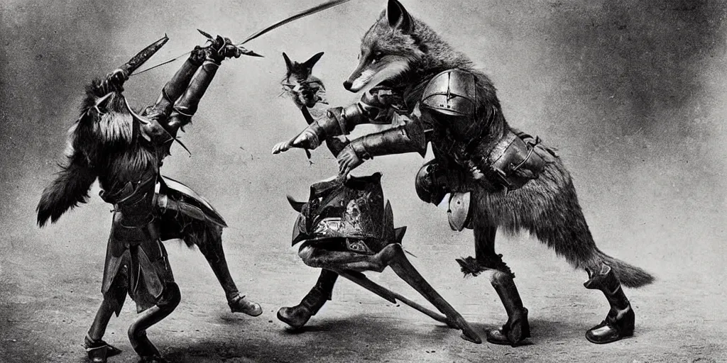 Image similar to an anthropomorphic fox furry fighting an evil knight who is twice as tall, 1 9 0 0 s photograph