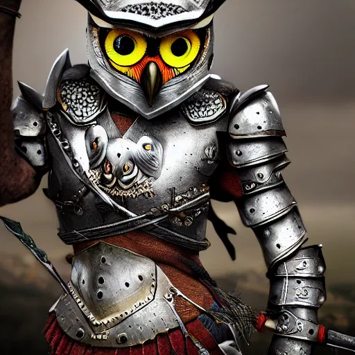 Image similar to warrior with owl themed armour, highly detailed, 4k, HDR, smooth, sharp focus, hyper realistic, high resolution